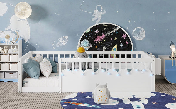 English Elm Twin Montessori Floor Bed Frame with High Rails and Built-In Light Shelf for Safe Independent Sleep White 79.13 L x 13 W x 6.3 H W2593P333565