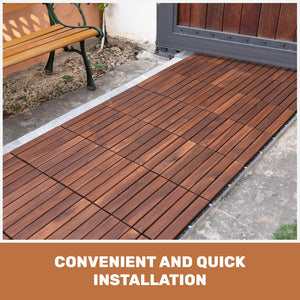 English Elm 30 Interlocking Deck Tiles 12" Square Acacia Hardwood Striped Outdoor Flooring Waterproof DIY Brown W2391P276690