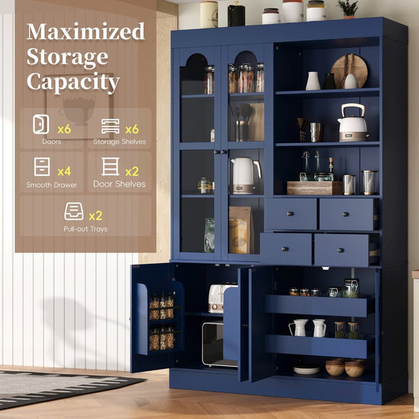 English Elm Topmax Shaker Buffet Hutch with Glass Doors Drawers and Pull-out Trays Blue SP000092AAC