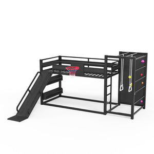 English Elm Twin Xl Metal Loft Bed with Climbing Wall Slide Basketball Hoop and Bookshelves W1580S00588