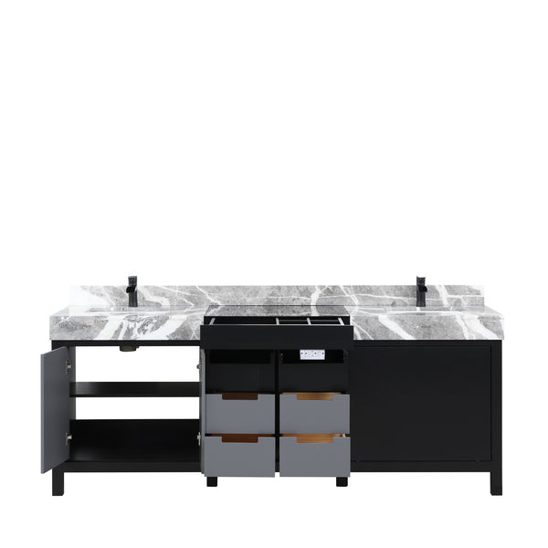 English Elm Black Double Bath Vanity 84" With Castle Grey Marble Top & Matte Black Faucet - Stylish Storage Solution B2731P261131