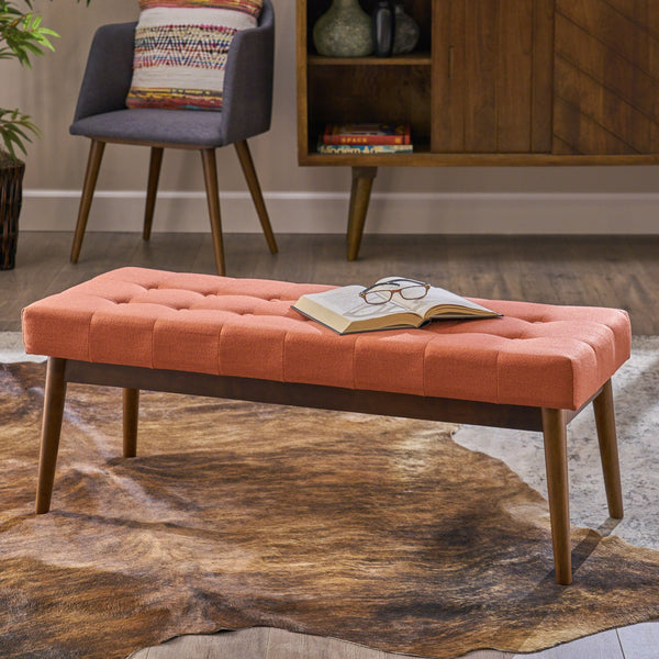 English Elm Christopher Knight Home® - Mid-Century Upholstered Storage Bench with Button-Tufted Top, Walnut Legs, Handcrafted Accent Seat Coral 61147.00CRL