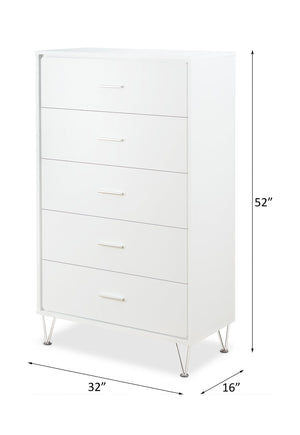 English Elm White 5-Drawer Chest For Modern Storage | Crisp Finish, Polished Chrome Legs & Effortless Access B062P209028-GIGA