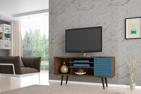 Manhattan Comfort Liberty Mid-Century Modern TV Stand Rustic Brown and Aqua Blue 200AMC93
