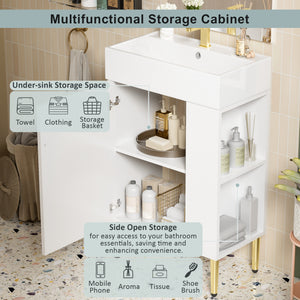 English Elm 21.6" White Bathroom Vanity with Ceramic Sink, Right Side Storage, Gold Legs, Soft-Close, Modern Elegance SV000006AAE