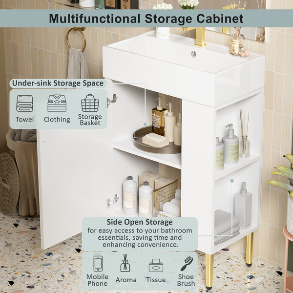English Elm 21.6" White Bathroom Vanity with Ceramic Sink, Right Side Storage, Gold Legs, Soft-Close, Modern Elegance SV000006AAE