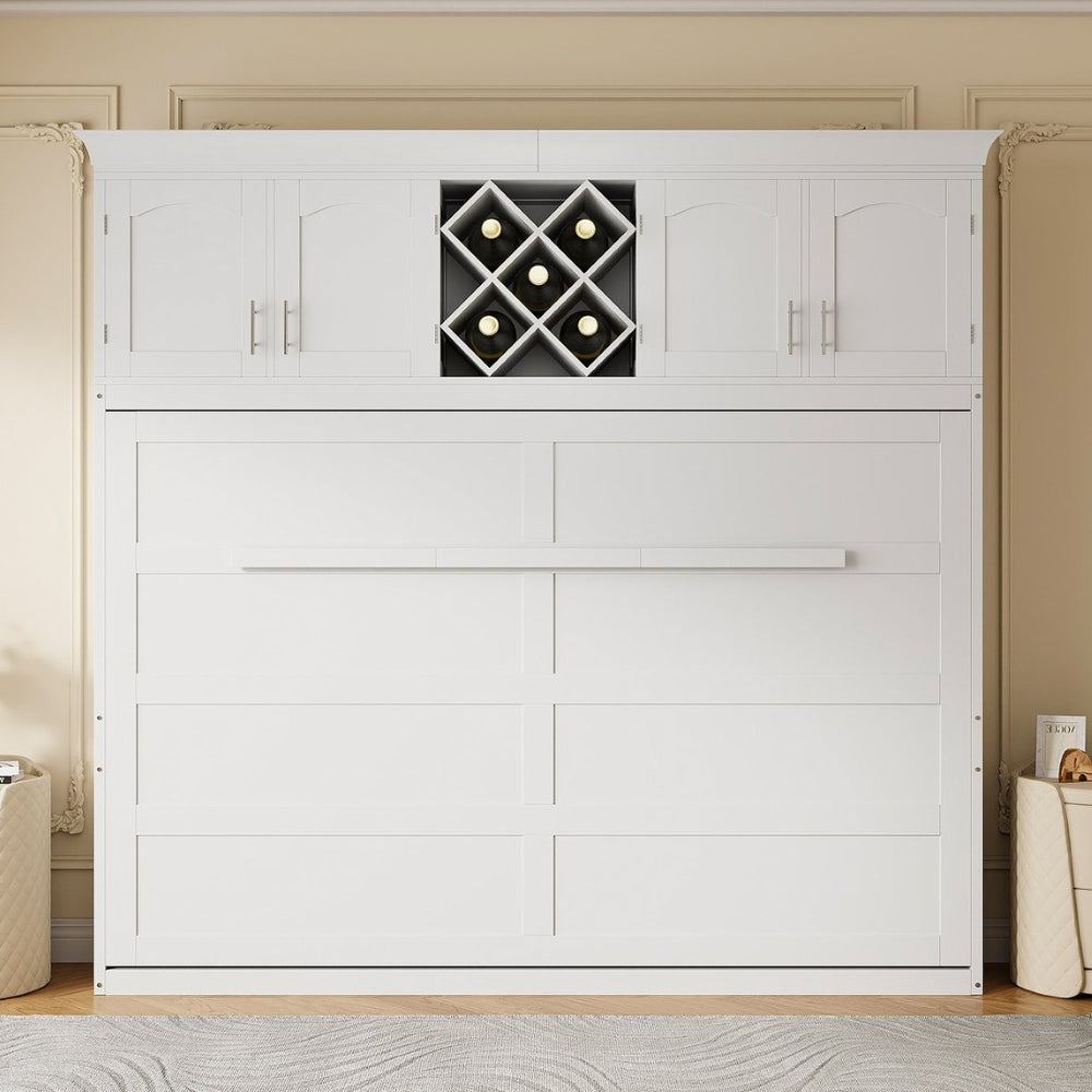 English Elm Queen Murphy Wall Bed with Storage Cabinets and Wine Rack for Small Space Living White LP000879AAK-1