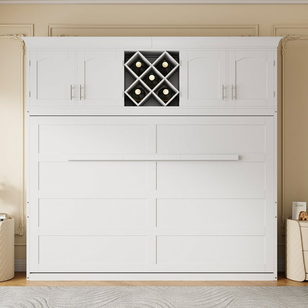 English Elm Queen Murphy Wall Bed with Storage Cabinets and Wine Rack for Small Space Living White LP000879AAK-1