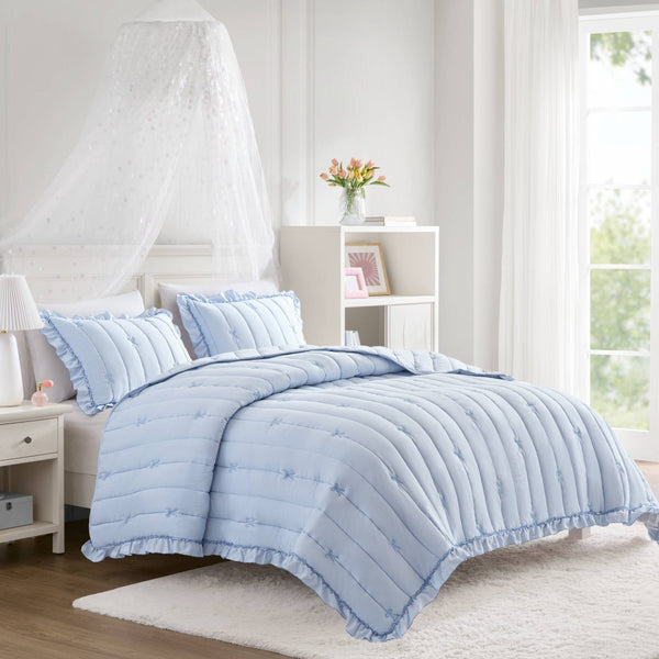 English Elm 3-piece Reversible Microfiber Quilt Set Bow Embroidery Ruffled Trim Romantic Bedroom Blue B035P482883
