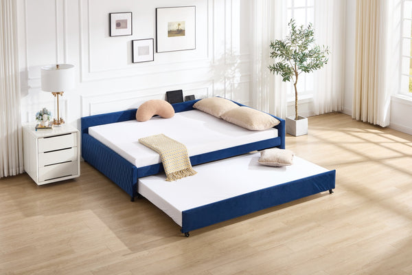 English Elm Upholstered Velvet Daybed with Pull Out Trundle Diamond Tufted Guest Bedroom Sofa Navy W1361S00068