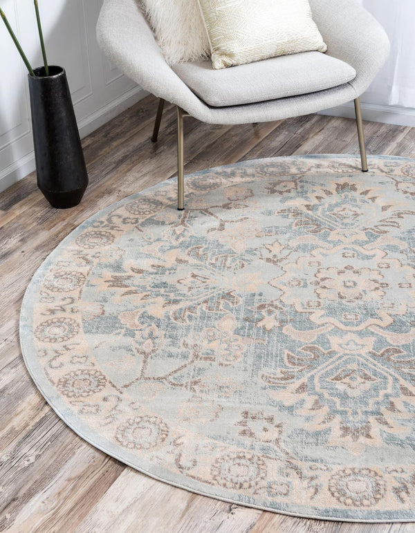 Unique Loom Paris Willow Machine Made Border Rug Light Blue, Beige/Light Blue/Blue/Tan 6' 1" x 6' 1"
