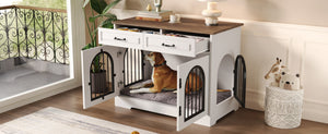 English Elm 43.3" Farmhouse Mdf Dog Crate Console with Drawers and Rotating Bowls for Large Breeds N704P414598A