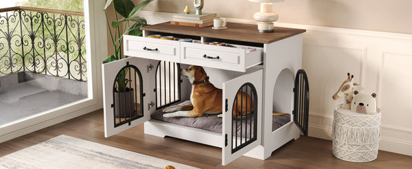 English Elm 43.3" Farmhouse Mdf Dog Crate Console with Drawers and Rotating Bowls for Large Breeds N704P414598A