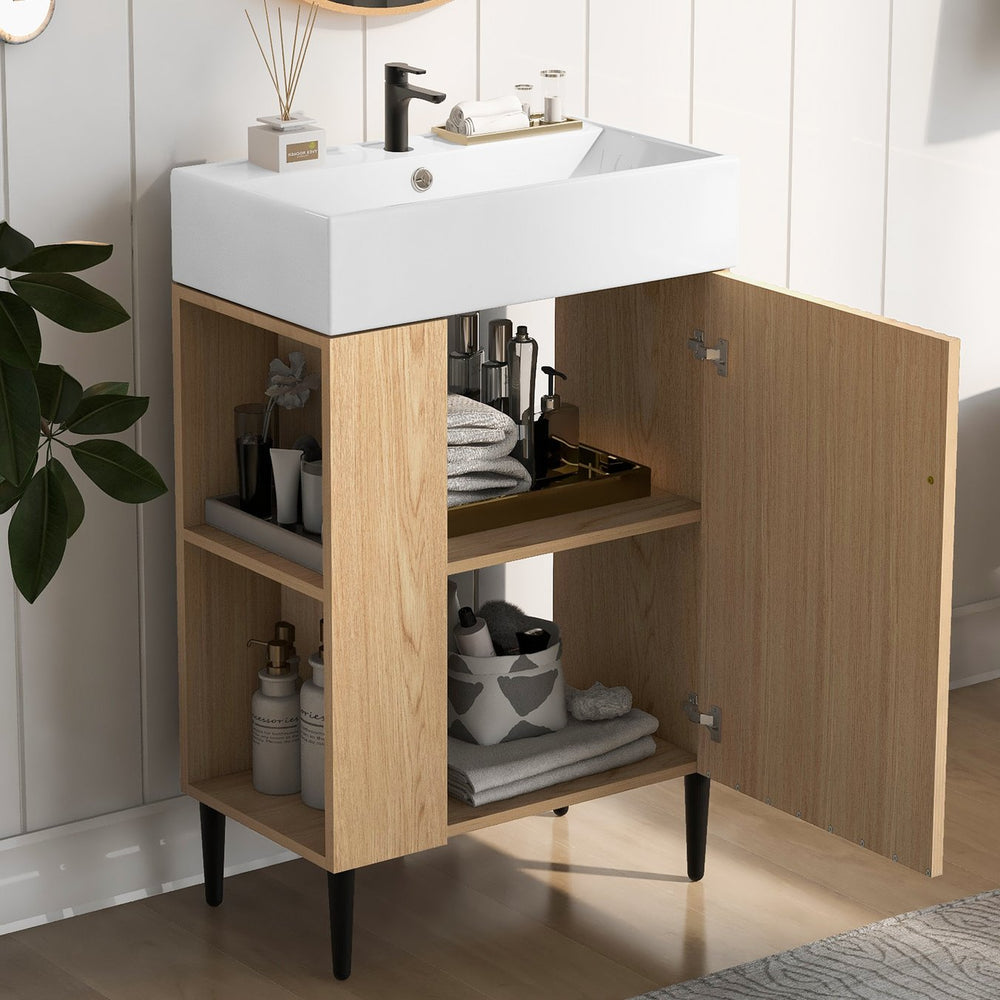 English Elm 21.6" Wood Left Side Storage Bathroom Vanity with Ceramic Sink, Soft-Close Door, Gold Handles, Modern SV000007AAD