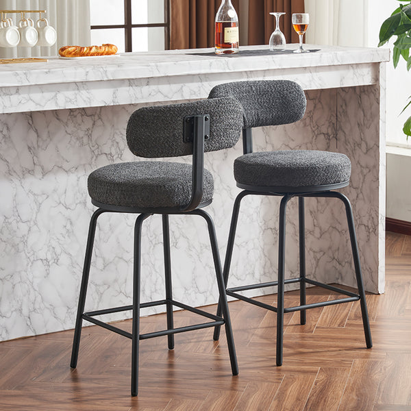 English Elm Modern Bouclé Swivel Bar Stools Set of 2 — Counter Height Fabric Seats with Metal Frame & Footrest, 360° Comfort Grey W1901P264273
