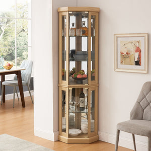 English Elm Corner Curio Cabinet Lighted Glass Display Case with Mirrored Back for Living Room Light Oak W2275P194430