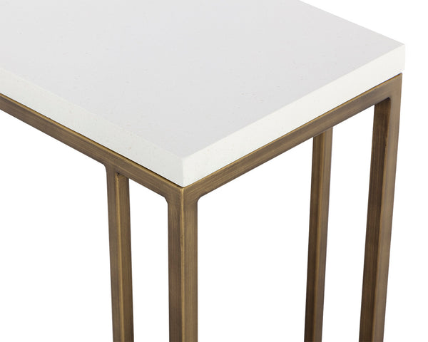 Sunpan Sawyer C-Shaped End Table: Stylish Minimalist Accent for Small Spaces with Unique Concrete Top Antique Brass / White