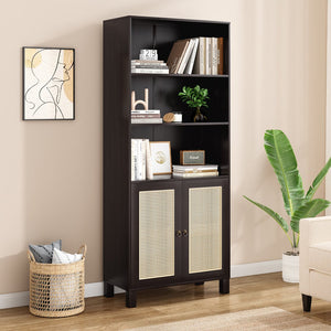 English Elm Tall Rattan Door Bookcase with 5 Shelves — Stylish Tall Storage Shelf for Living Room Office LibraryBedroom Walnut T3623P379905