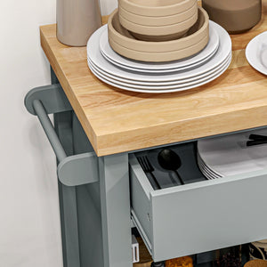 English Elm HOMCOM Rolling Kitchen Cart with Rubberwood Butcher Block Top, Drawer Cabinet Shelf & Towel Rack Gray W2225P217413