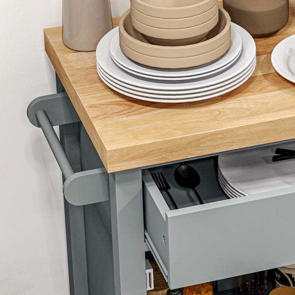 English Elm HOMCOM Rolling Kitchen Cart with Rubberwood Butcher Block Top, Drawer Cabinet Shelf & Towel Rack Gray W2225P217413