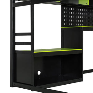 English Elm Full Size Gaming Loft Bed with Built-in Desk Led Lighting Usb Ports and Pegboard Black+Green LT000270AAG