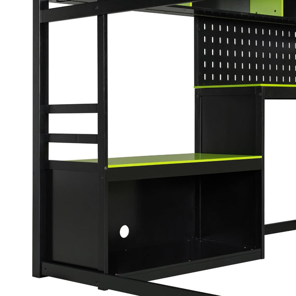 English Elm Full Size Gaming Loft Bed with Built-in Desk Led Lighting Usb Ports and Pegboard Black+Green LT000270AAG
