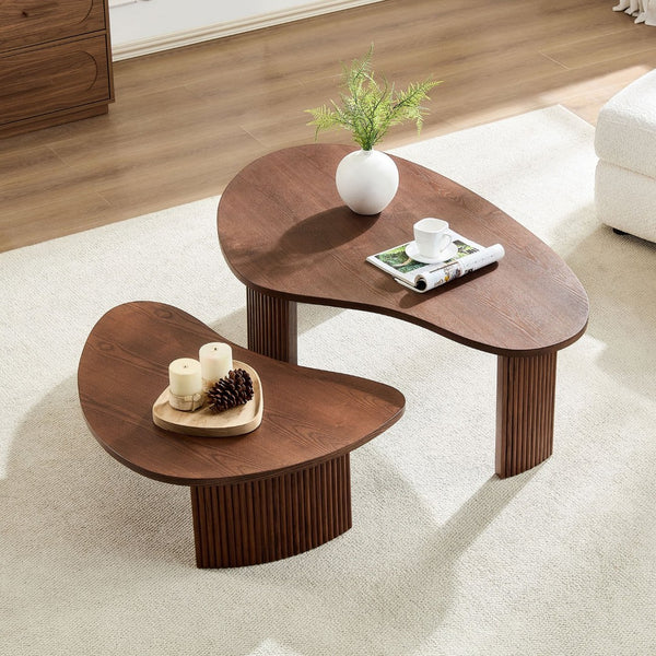 English Elm 2-piece Asymmetrical Nesting Coffee Table Set Sculptural Mdf Organic Shapes Living Room Walnut W2582P402268