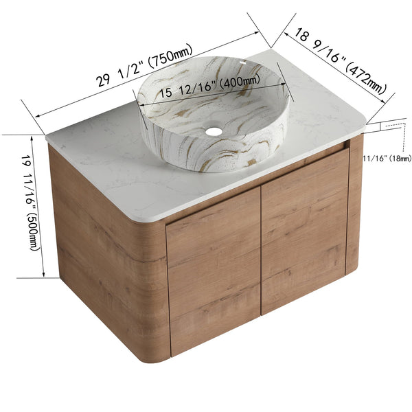 English Elm 30'' Wall-Mounted Bathroom Vanity With Ceramic Sink, Soft-Close Doors & Stylish Space-Saving Design W999S00389