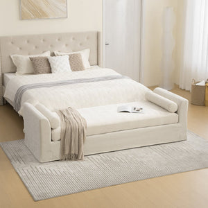 English Elm 88.58" Wide Chenille Upholstered Bench with Curved Armrests and Bolster Pillows for Bedroom Beige W3189S00027