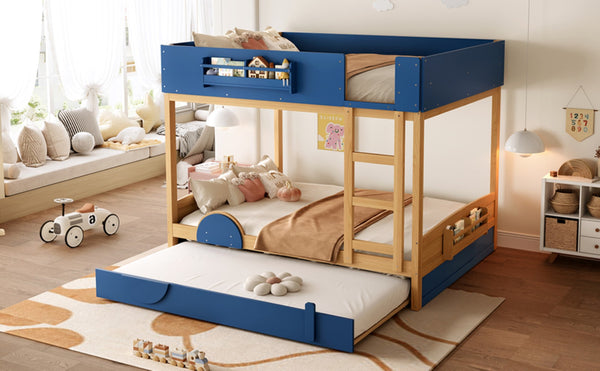 English Elm Queen Bunk Bed with Trundle Solid Pine Kids Car Themed Frame Built-in Bookshelf Blue,Natural W1580S00447