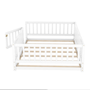 English Elm Full Size Pine Montessori Floor Bed with Fence & Removable Door, Sturdy Kids Bed White Playhouse W1820P349301