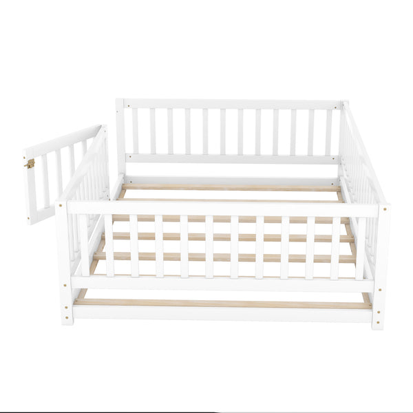 English Elm Full Size Pine Montessori Floor Bed with Fence & Removable Door, Sturdy Kids Bed White Playhouse W1820P349301