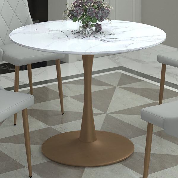 Worldwide Home Furnishings Zilo-dining Table - Stylish Mid-century Pedestal Design With Modern Faux Marble Top For 4 Seats White Faux Marble,Aged Gold Engineered Wood,Laminated Veneer,Metal 201-671gd_S