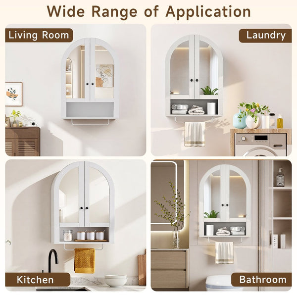English Elm Wall Mounted Arched Cabinet Tempered Glass Doors Led Lighting Adjustable Shelves Bathroom White T3210P471556