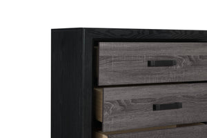 English Elm SOLUTO Five-Drawer Chest in Two-Tone Grey and Black Finish — Urban Farmhouse Solid Wood Design Black+ Gray 34.65 L x 19.69 W x 48.82 H B201P226195