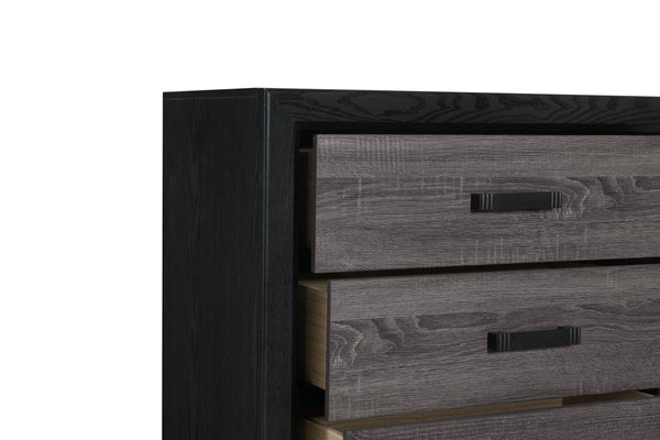 English Elm SOLUTO Five-Drawer Chest in Two-Tone Grey and Black Finish — Urban Farmhouse Solid Wood Design Black+ Gray 34.65 L x 19.69 W x 48.82 H B201P226195