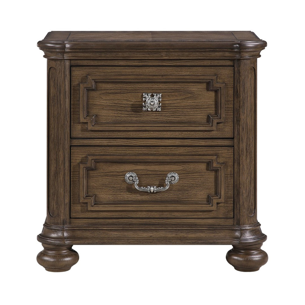English Elm Traditional Oak Veneer Nightstand with Walnut Inlay Two Drawers Antique Nickel Bedroom B011P490016
