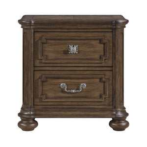 English Elm Traditional Oak Veneer Nightstand with Walnut Inlay Two Drawers Antique Nickel Bedroom B011P490016