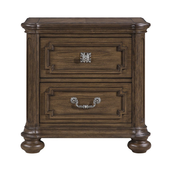 English Elm Traditional Oak Veneer Nightstand with Walnut Inlay Two Drawers Antique Nickel Bedroom B011P490016