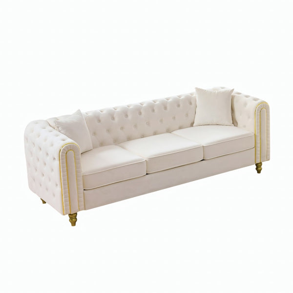 English Elm 86" Chesterfield Velvet Three Seat Sofa Button Tufted Rolled Arms Gold Legs Living Room Beige W3373S00079