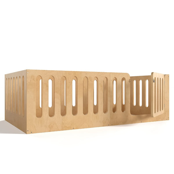 English Elm Twin Solid Pine Montessori Floor Bed with House Frame Door and Safety Fence Natural W5305P420633
