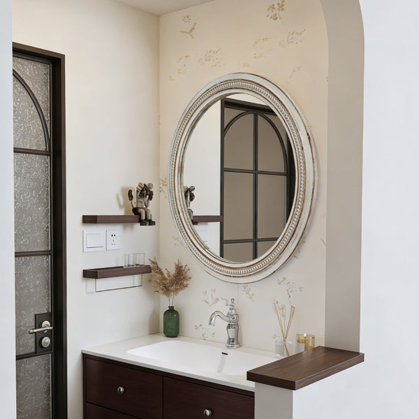 English Elm Vintage Round Wood Wall Mirror Beaded Ornate Frame Farmhouse Cottage Decor Accent W2295P414109