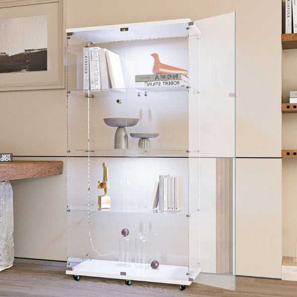 English Elm Tempered Glass Display Cabinet With Bluetooth Led Light, Lockable, Mobile Storage For Home & Office W3155S00006-GIGA