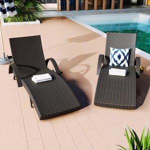 English Elm K&K 80" Outdoor Wicker Chaise Lounge Set of 2 with 2000H UV Wicker, Pull-Out Side Table, 4-Position Recliner Black WF321204AAB