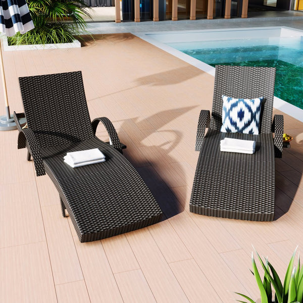 English Elm K&K 80" Outdoor Wicker Chaise Lounge Set of 2 with 2000H UV Wicker, Pull-Out Side Table, 4-Position Recliner Black WF321204AAB