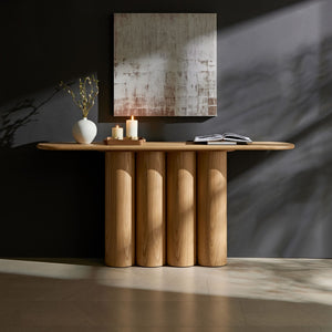 English Elm 66.93'' Slim Matte Console Table with Sculptural Cylinder Legs for Entryway or Foyer Natural W876S00338