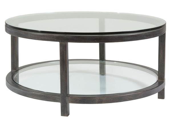 Lexington Artistica Home Per Se Elegant Round Cocktail Table With Handcrafted Iron Design And Stunning Glass Top Display St. Laurent Wood 2013-943-44