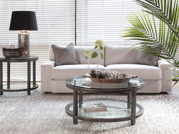 Lexington Artistica Home Per Se Elegant Round Cocktail Table With Handcrafted Iron Design And Stunning Glass Top Display St. Laurent Wood 2013-943-44