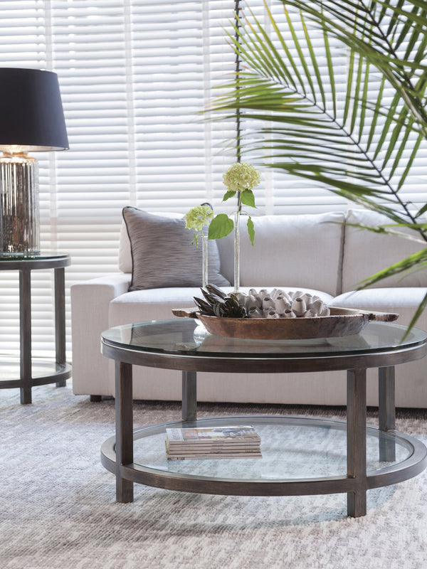 Lexington Artistica Home Per Se Elegant Round Cocktail Table With Handcrafted Iron Design And Stunning Glass Top Display St. Laurent Wood 2013-943-44