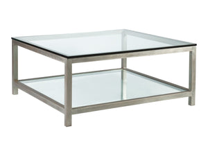 Lexington Artistica Home Per Se Square Cocktail Table - Handcrafted Iron Design With Elegant Glass Top And Inset Shelf Argento Wood 2013-947-46